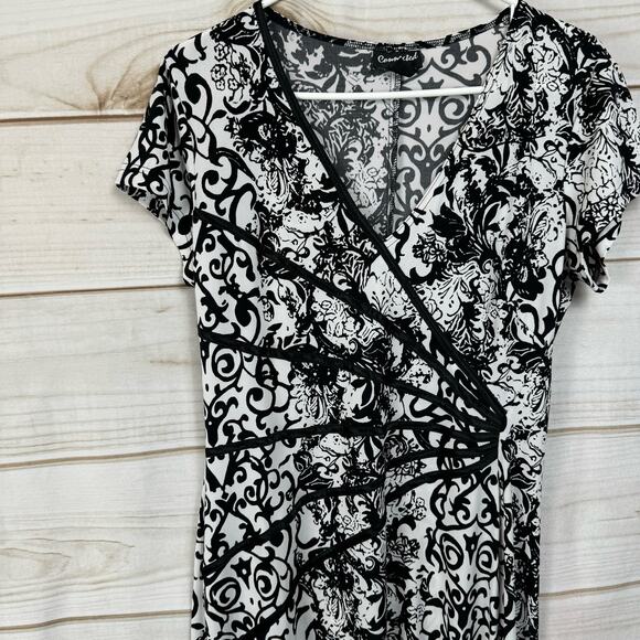 Connected Apparel White & Black Paisley Print Short Sleeve Midi Dress Size 10 - Picture 2 of 7